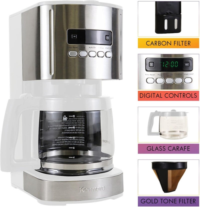Koolatron Kenmore drip Coffee Maker - 12 Cup programmable cafe machine with glass pot, regular & bold brew, auto shut off large water reservoir, reusable filter, kitchen appliances for cafeteria barista, White - Image 4